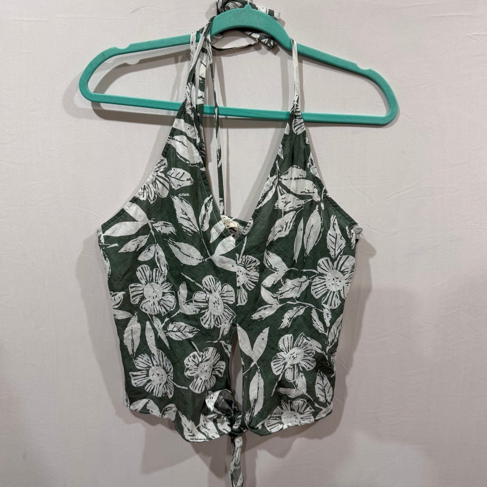 Doe and Rae Green White Tropical Floral Halter Tie Front Crop Top Small